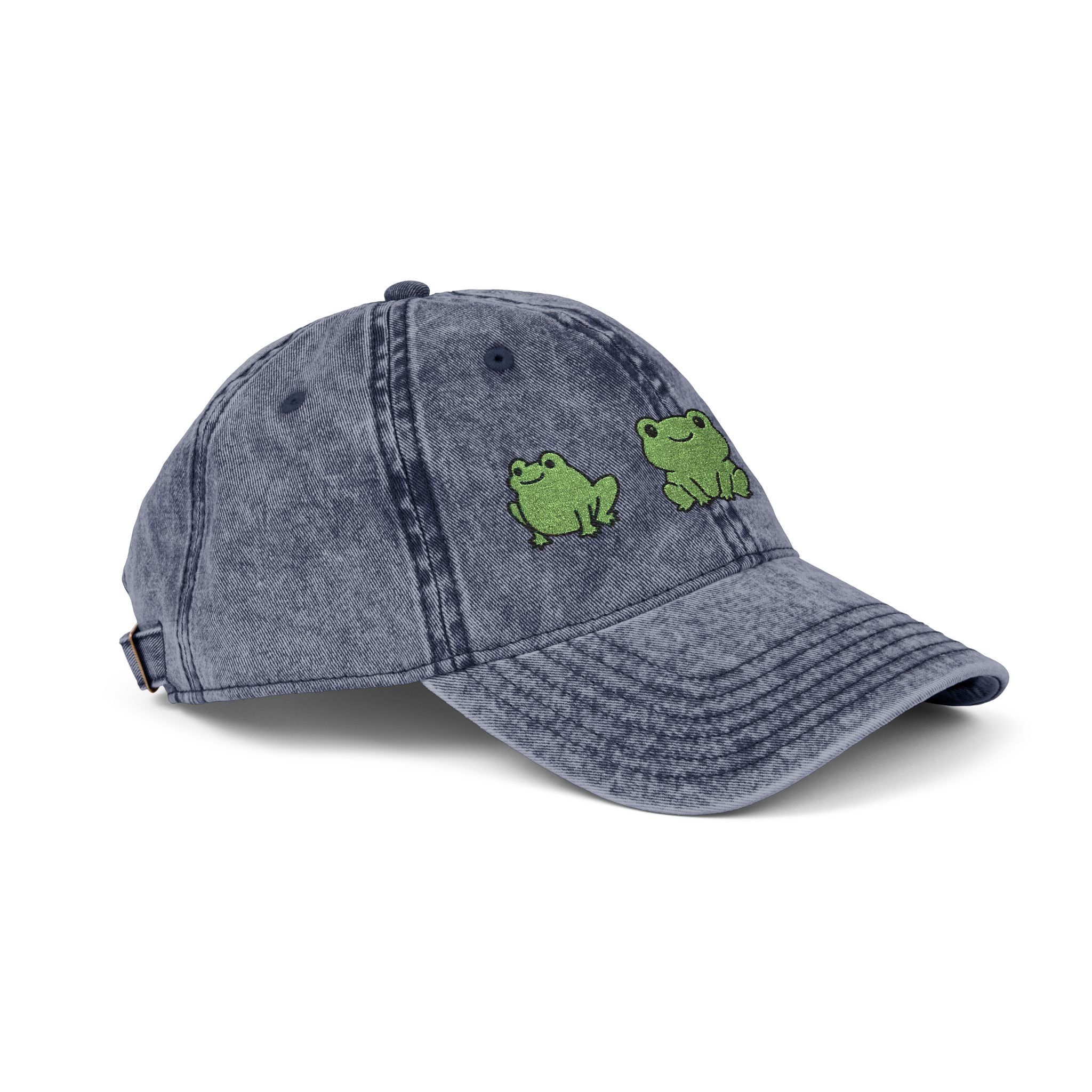 Vintage Embroidered Frog Cap — Distressed Green Frog Trio Baseball Hat