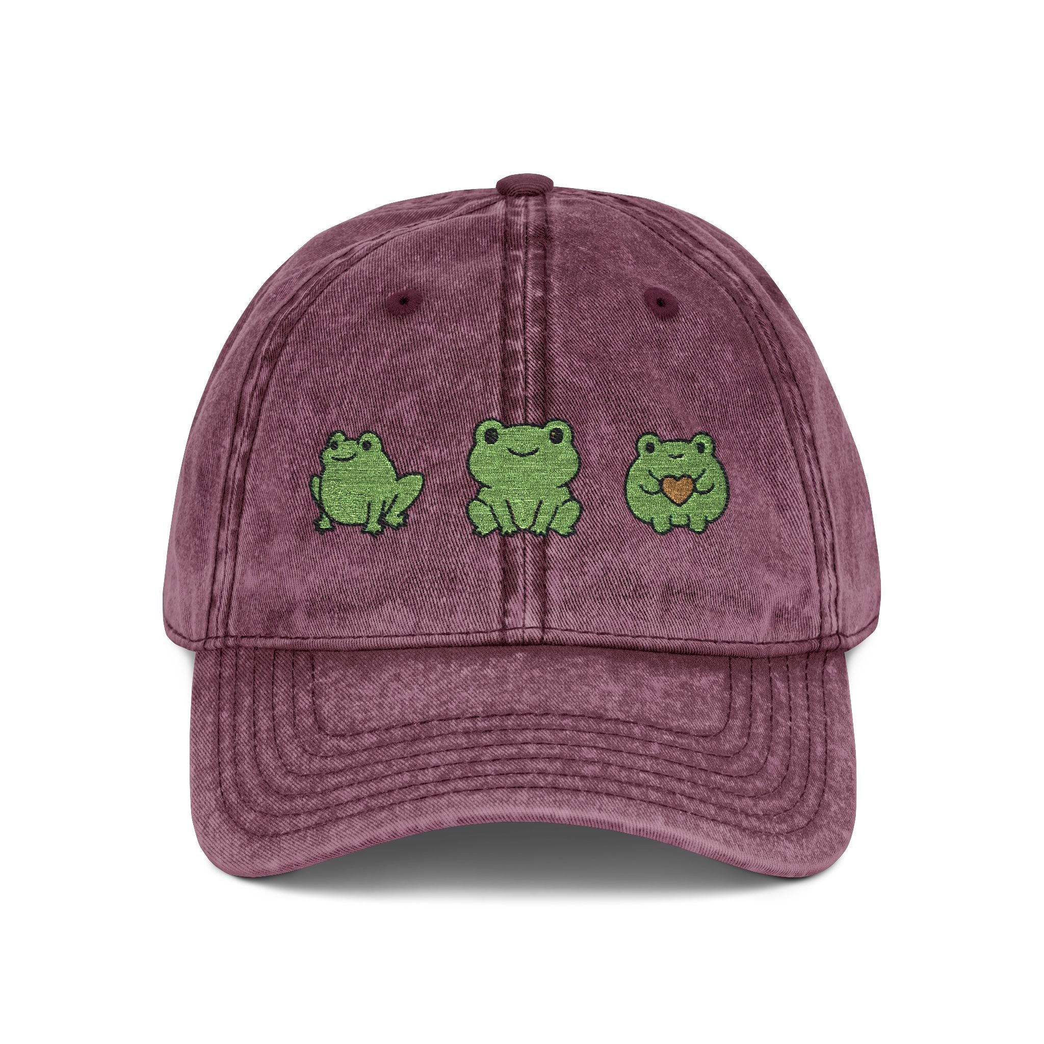 Vintage Embroidered Frog Cap — Distressed Green Frog Trio Baseball Hat