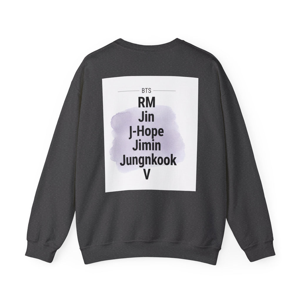 BTS Inspired Crewneck Sweatshirt — Illustrated K-Pop Band Faces & Member Name Back Print