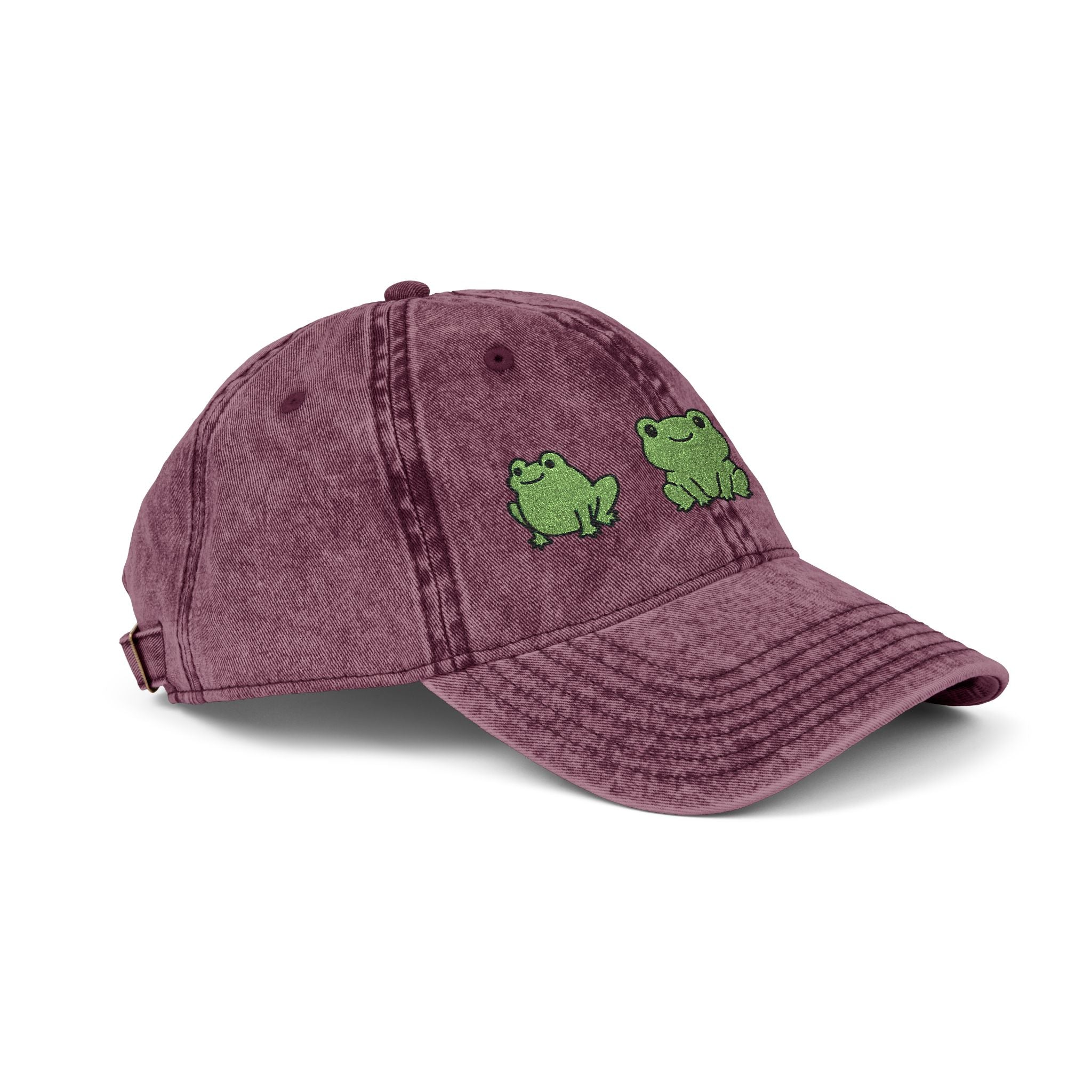 Vintage Embroidered Frog Cap — Distressed Green Frog Trio Baseball Hat