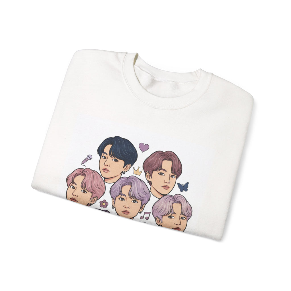 BTS Inspired Crewneck Sweatshirt — Illustrated K-Pop Band Faces & Member Name Back Print