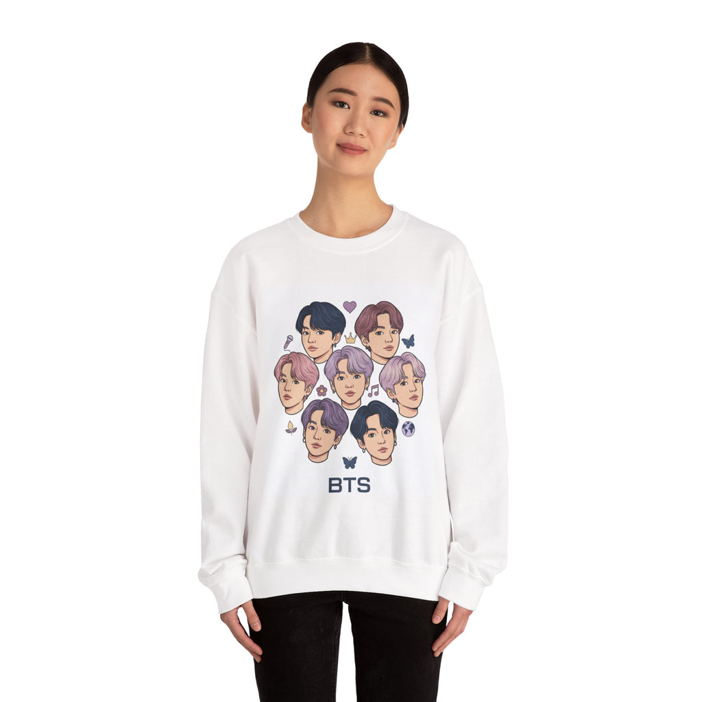 BTS Inspired Crewneck Sweatshirt — Illustrated K-Pop Band Faces & Member Name Back Print
