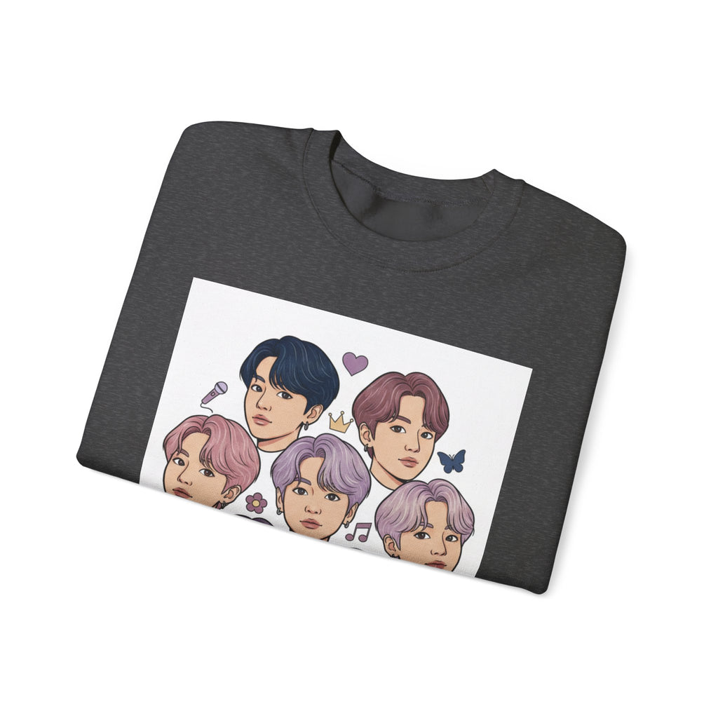 BTS Inspired Crewneck Sweatshirt — Illustrated K-Pop Band Faces & Member Name Back Print