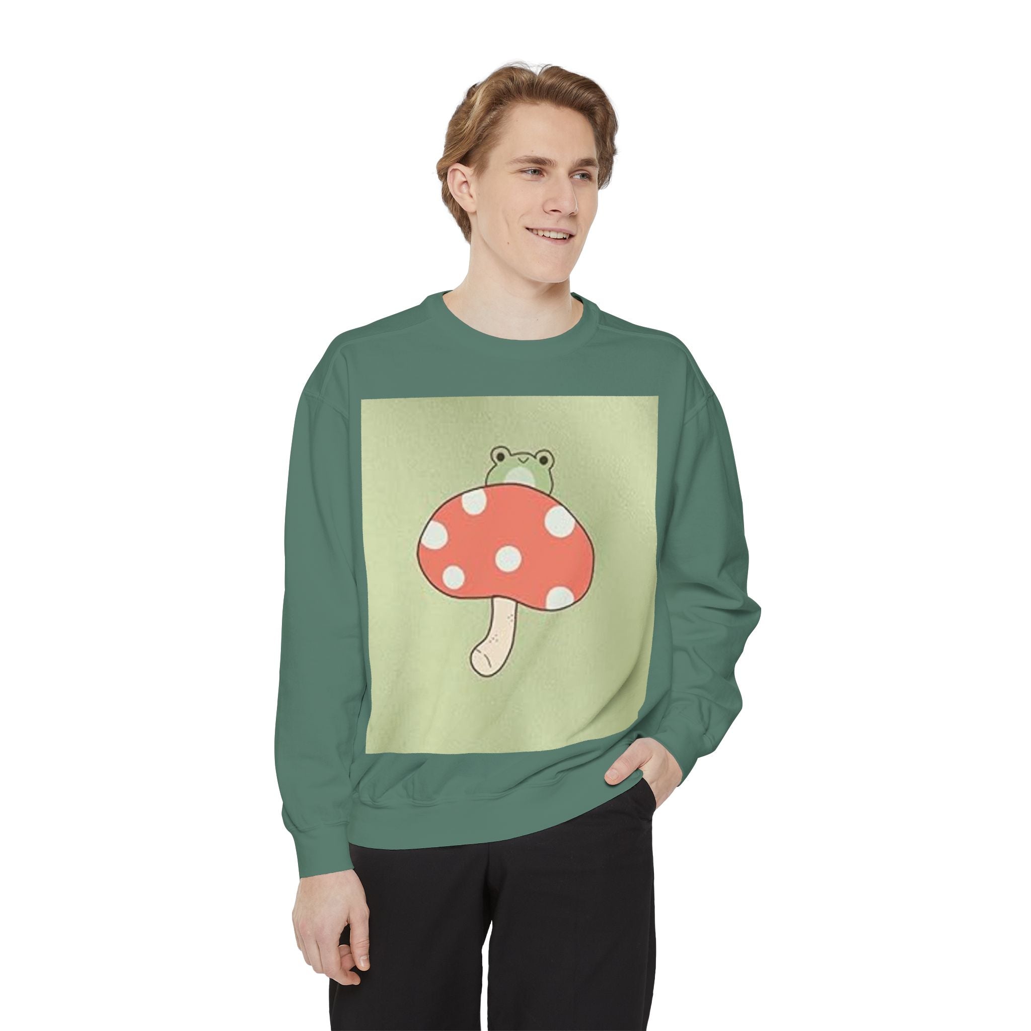 Cute Frog Peeking Over Red Polka Dot Mushroom Sweatshirt