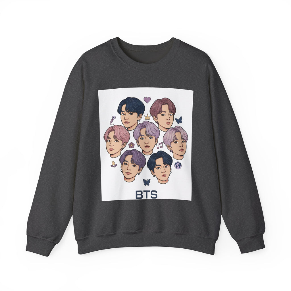 BTS Inspired Crewneck Sweatshirt — Illustrated K-Pop Band Faces & Member Name Back Print