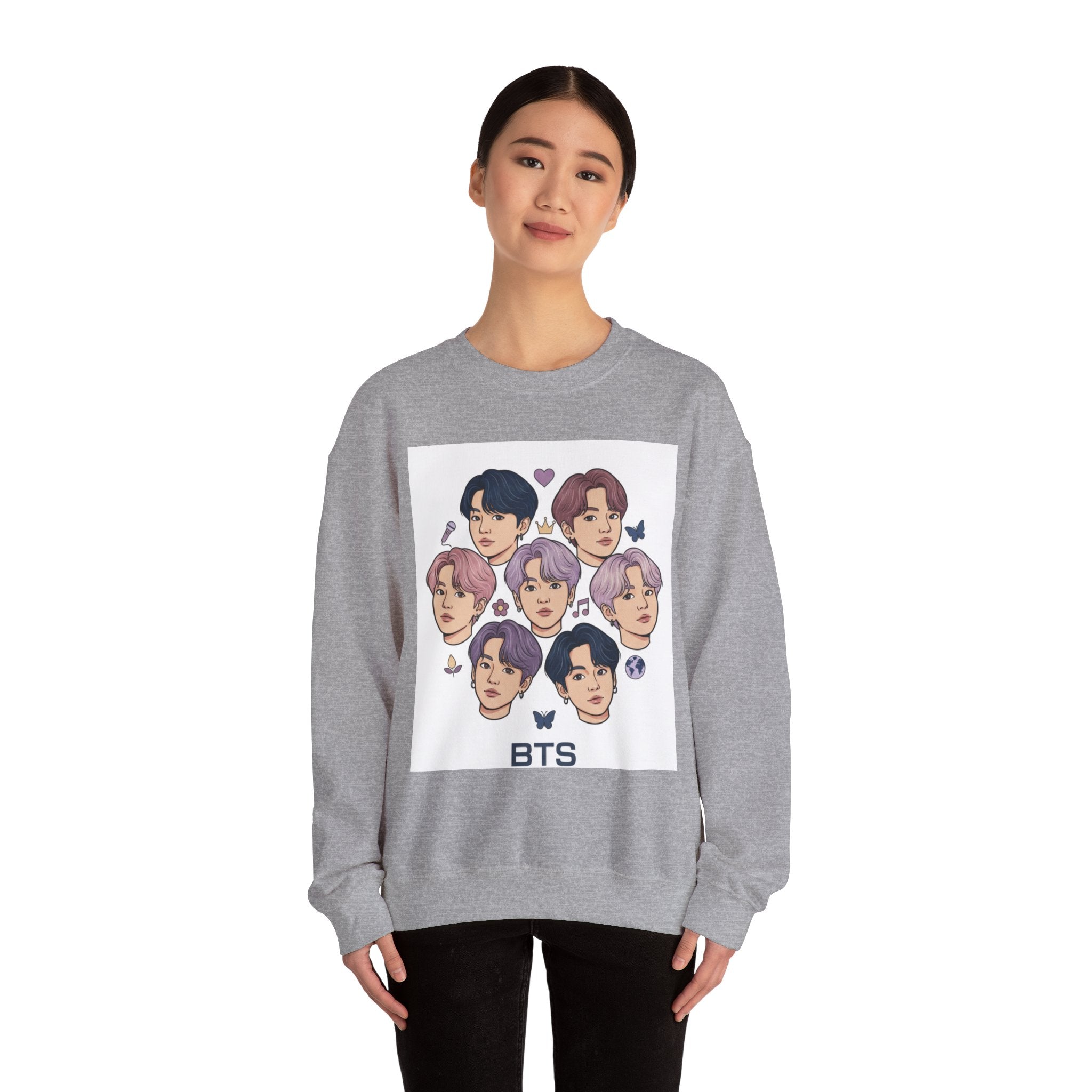 BTS Inspired Crewneck Sweatshirt — Illustrated K-Pop Band Faces & Member Name Back Print