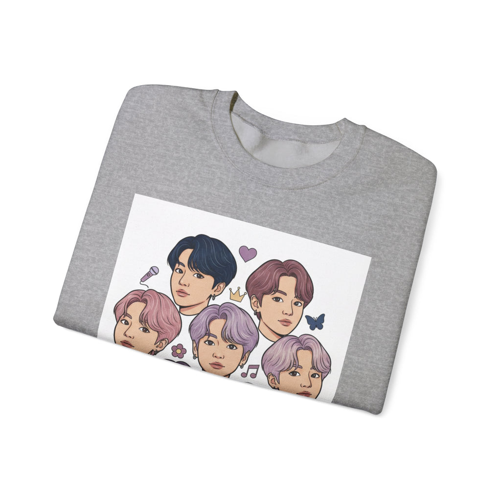 BTS Inspired Crewneck Sweatshirt — Illustrated K-Pop Band Faces & Member Name Back Print