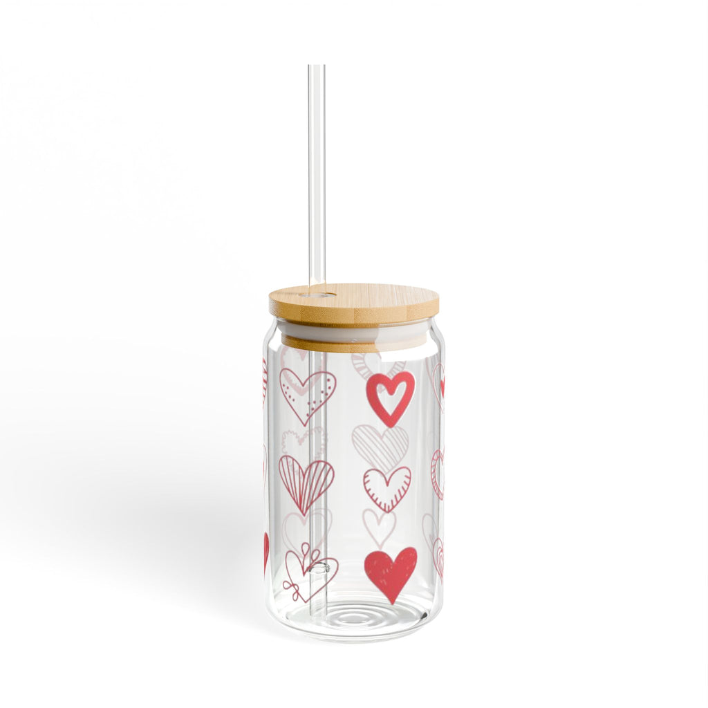 Heart Pattern 16oz Sipper Glass with Bamboo Lid & Straw – Valentine’s Drinkware