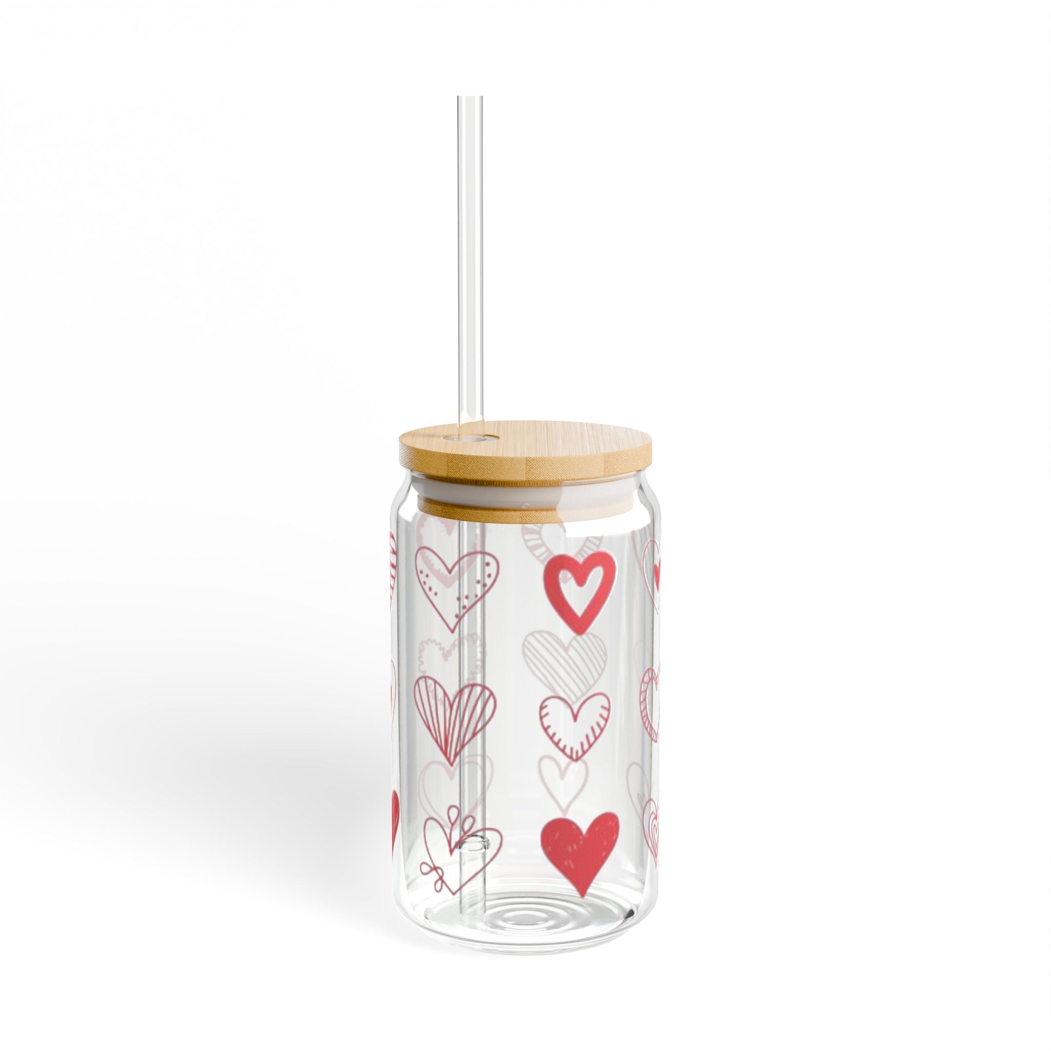 Heart Pattern 16oz Sipper Glass with Bamboo Lid & Straw – Valentine’s Drinkware