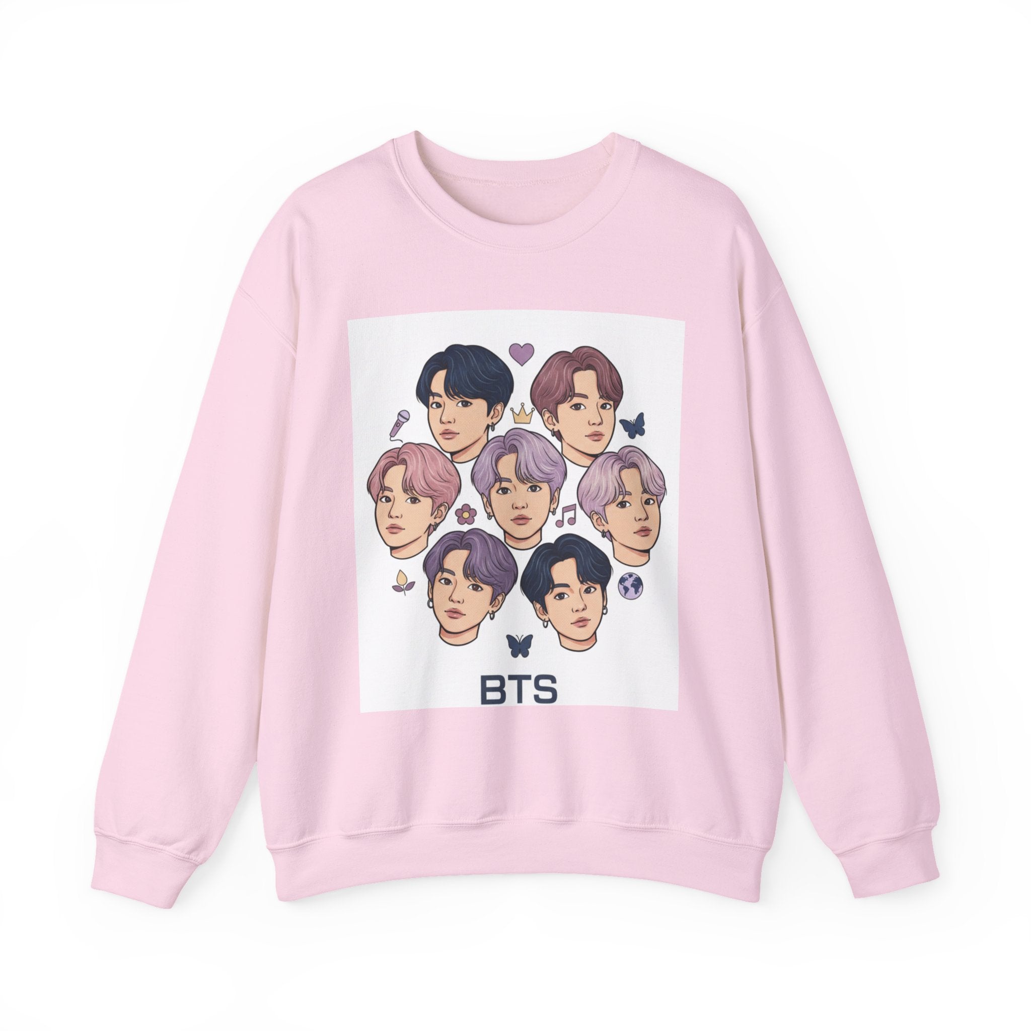 BTS Inspired Crewneck Sweatshirt — Illustrated K-Pop Band Faces & Member Name Back Print