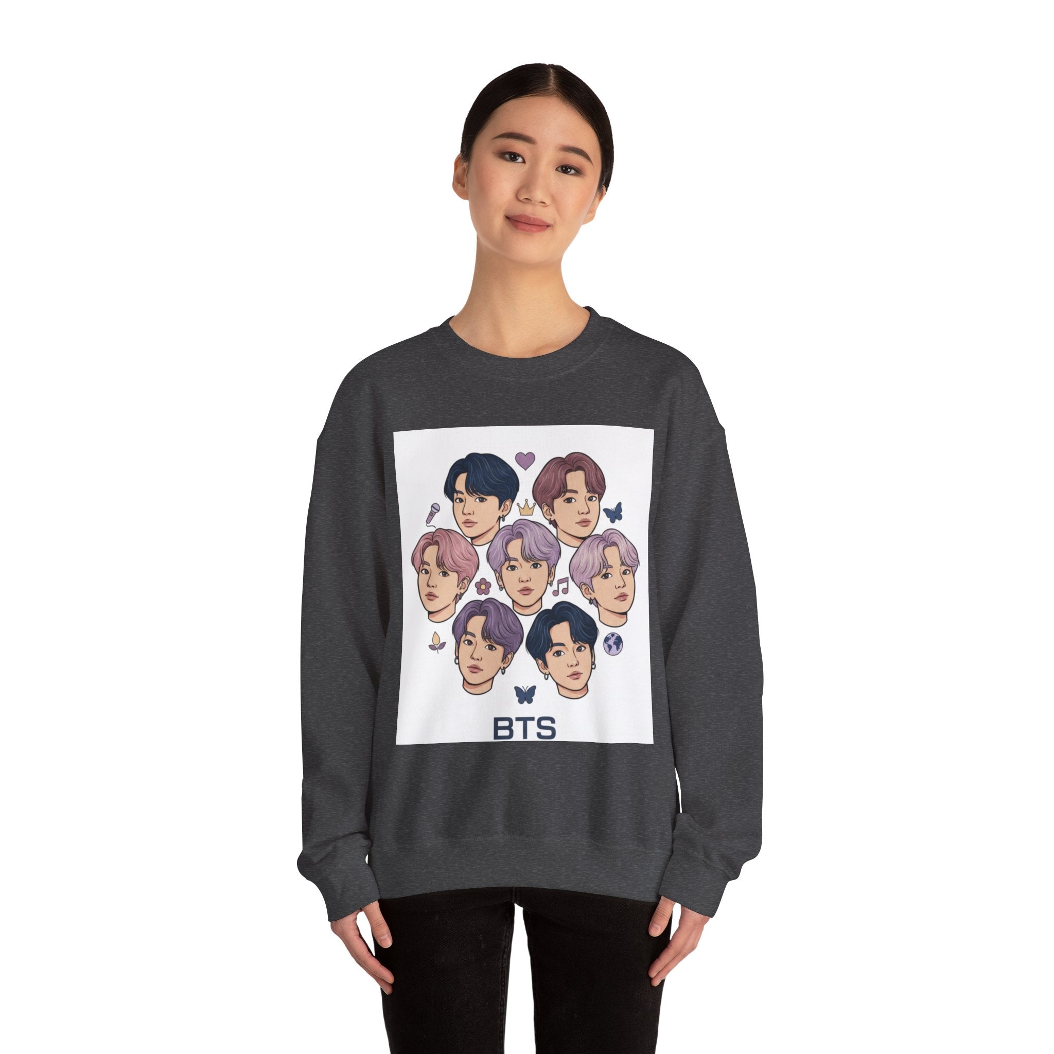 BTS Inspired Crewneck Sweatshirt — Illustrated K-Pop Band Faces & Member Name Back Print
