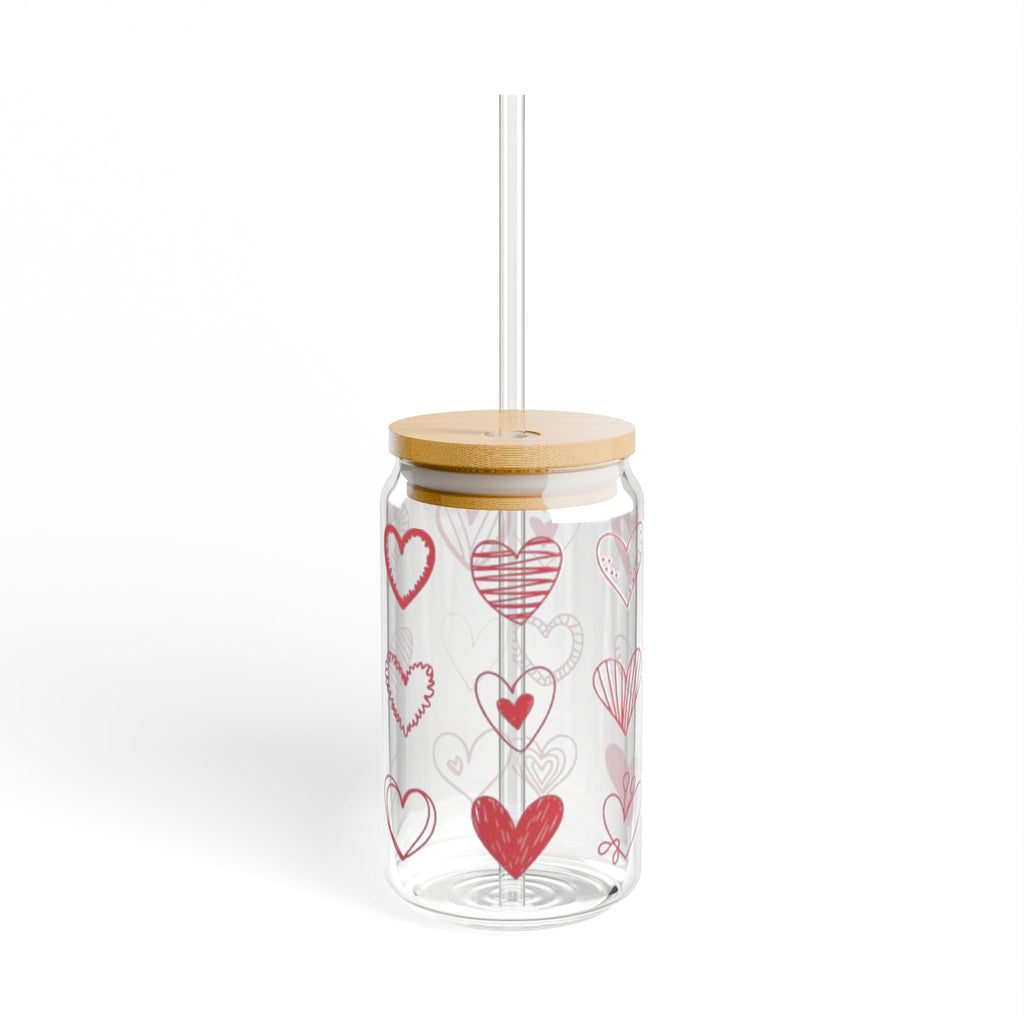 Heart Pattern 16oz Sipper Glass with Bamboo Lid & Straw – Valentine’s Drinkware