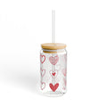 Heart Pattern 16oz Sipper Glass with Bamboo Lid & Straw – Valentine’s Drinkware