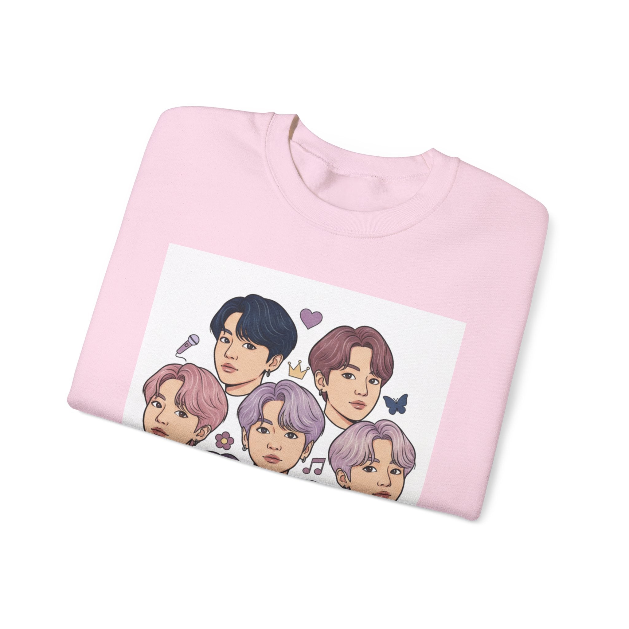 BTS Inspired Crewneck Sweatshirt — Illustrated K-Pop Band Faces & Member Name Back Print