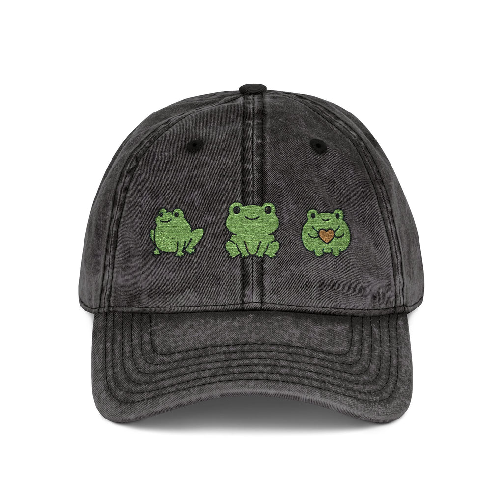 Vintage Embroidered Frog Cap — Distressed Green Frog Trio Baseball Hat