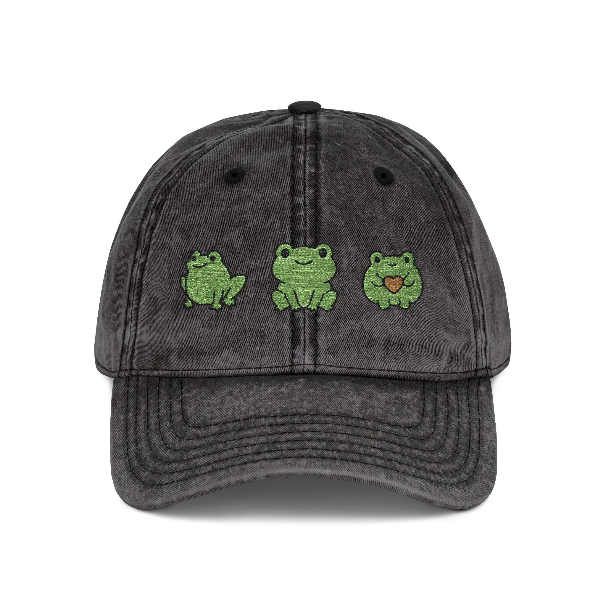 Vintage Embroidered Frog Cap — Distressed Green Frog Trio Baseball Hat