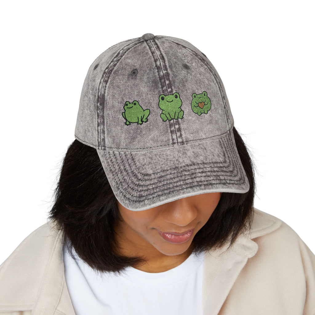 Vintage Embroidered Frog Cap — Distressed Green Frog Trio Baseball Hat