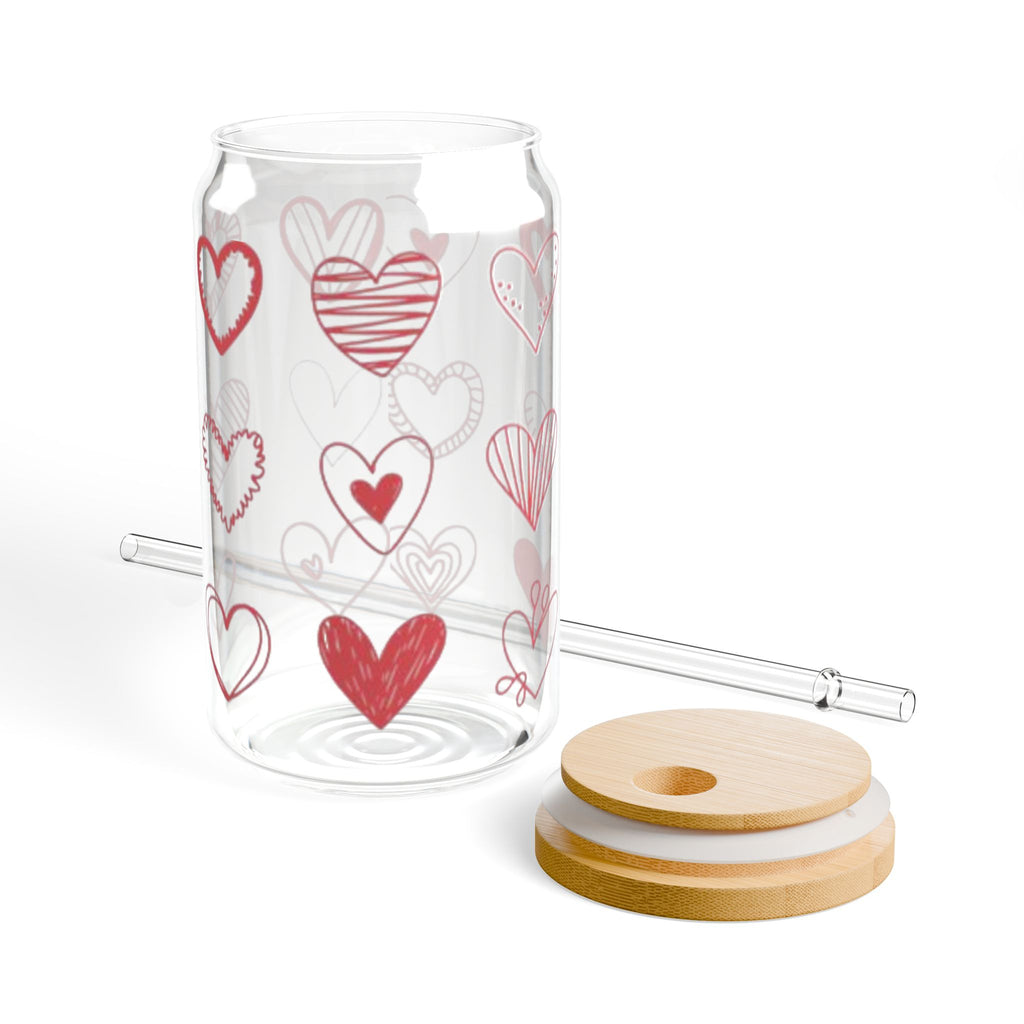 Heart Pattern 16oz Sipper Glass with Bamboo Lid & Straw – Valentine’s Drinkware
