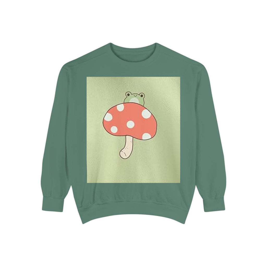 Cute Frog Peeking Over Red Polka Dot Mushroom Sweatshirt