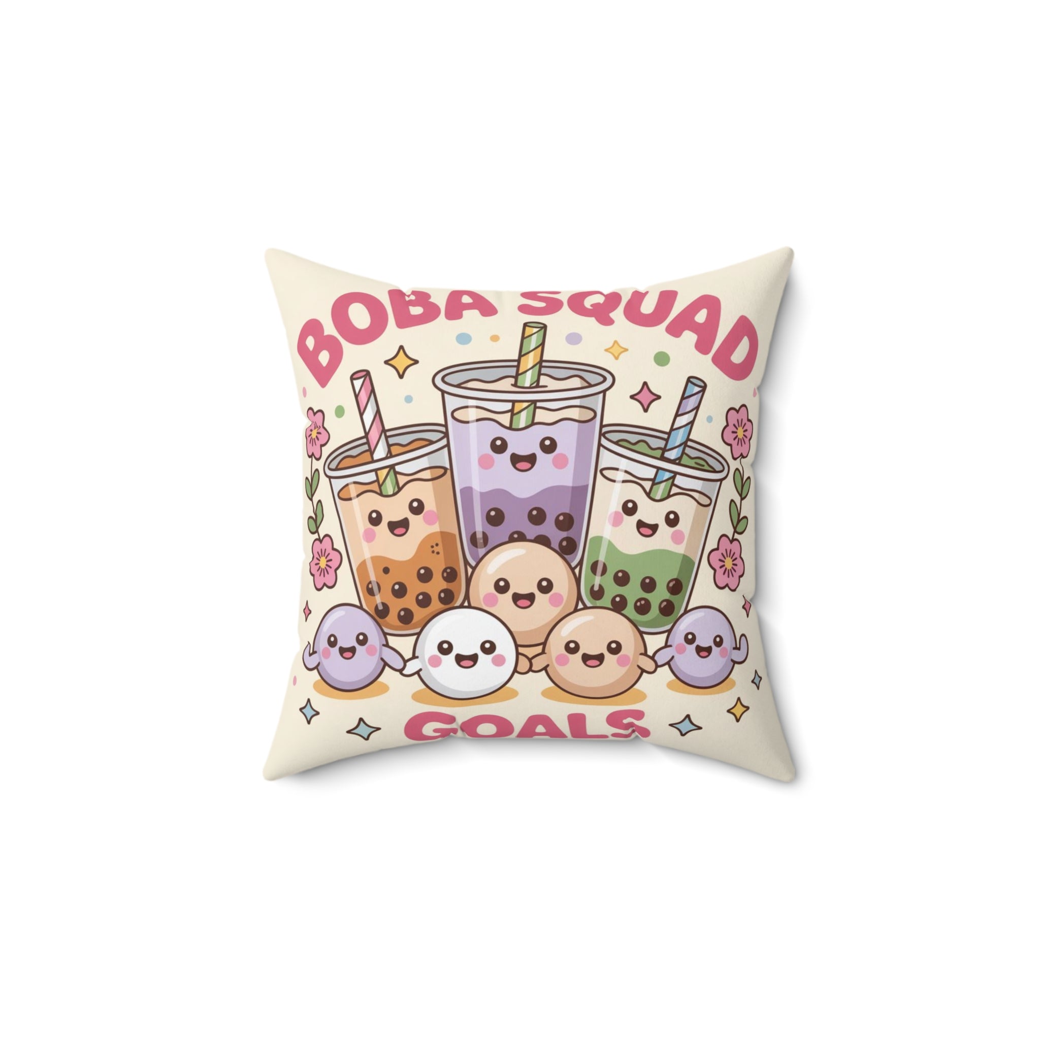 Boba Squad Goals Throw Pillow — Cute Kawaii Bubble Tea Decorative Pillow