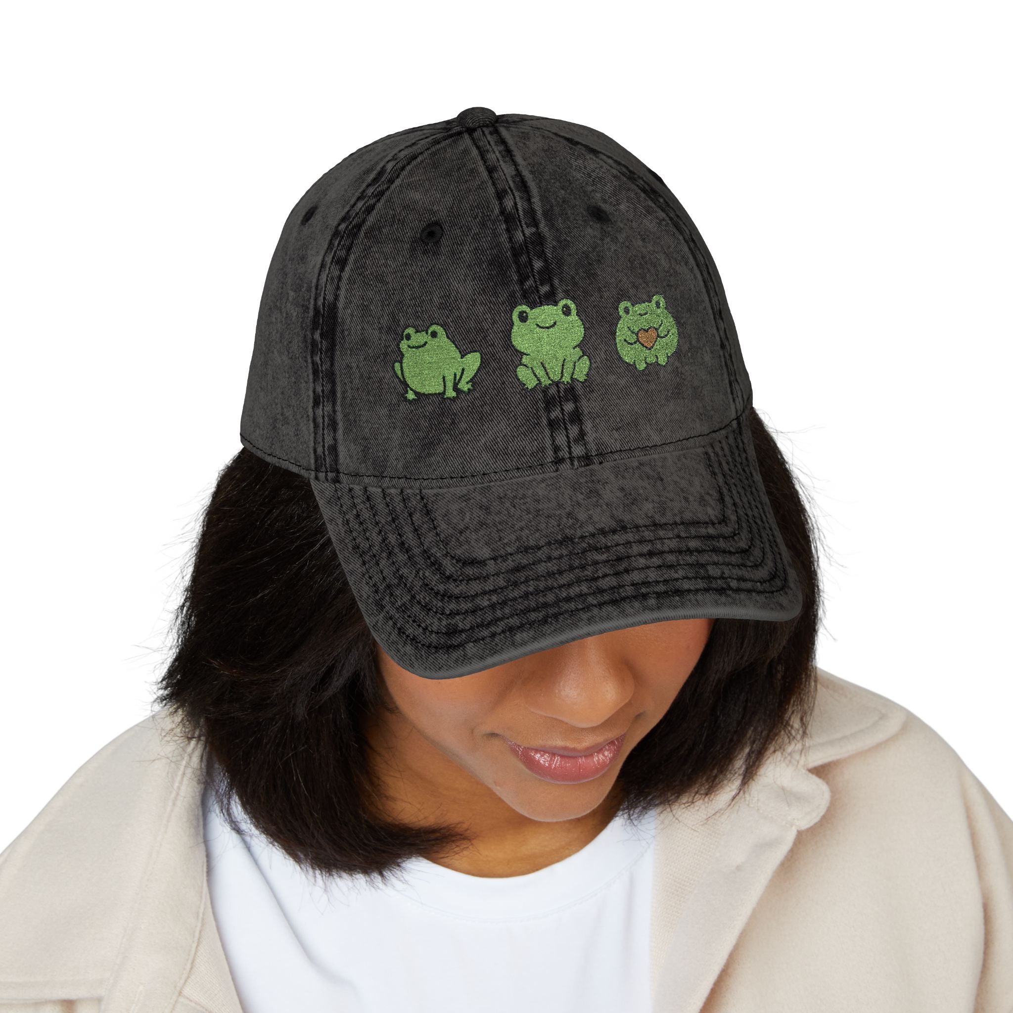 Vintage Embroidered Frog Cap — Distressed Green Frog Trio Baseball Hat