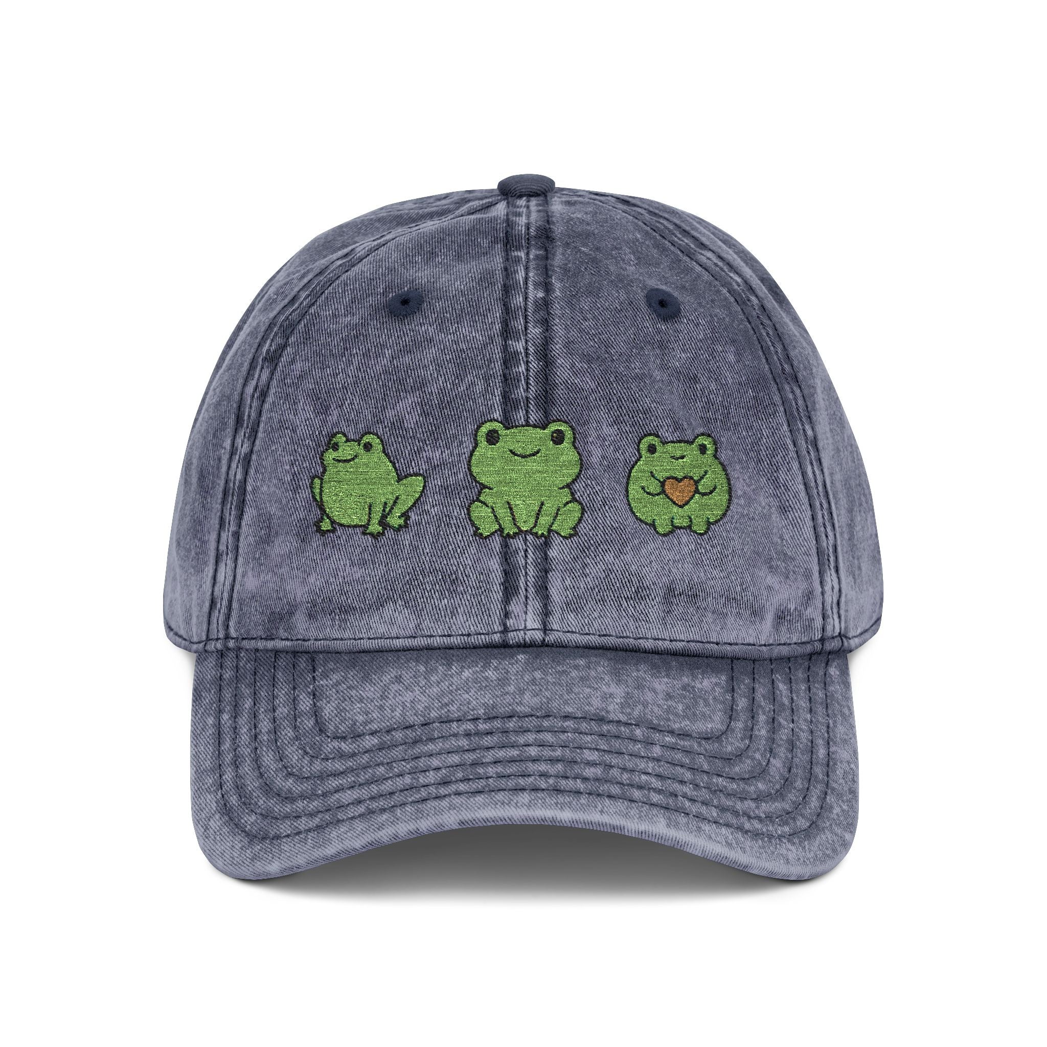 Vintage Embroidered Frog Cap — Distressed Green Frog Trio Baseball Hat