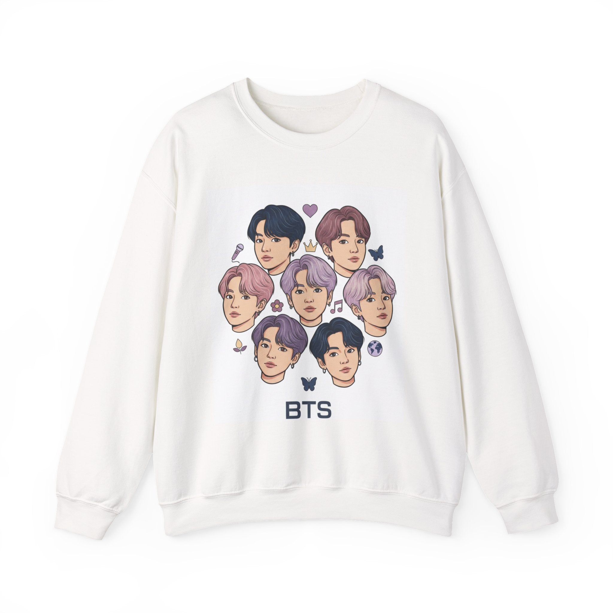 BTS Inspired Crewneck Sweatshirt — Illustrated K-Pop Band Faces & Member Name Back Print