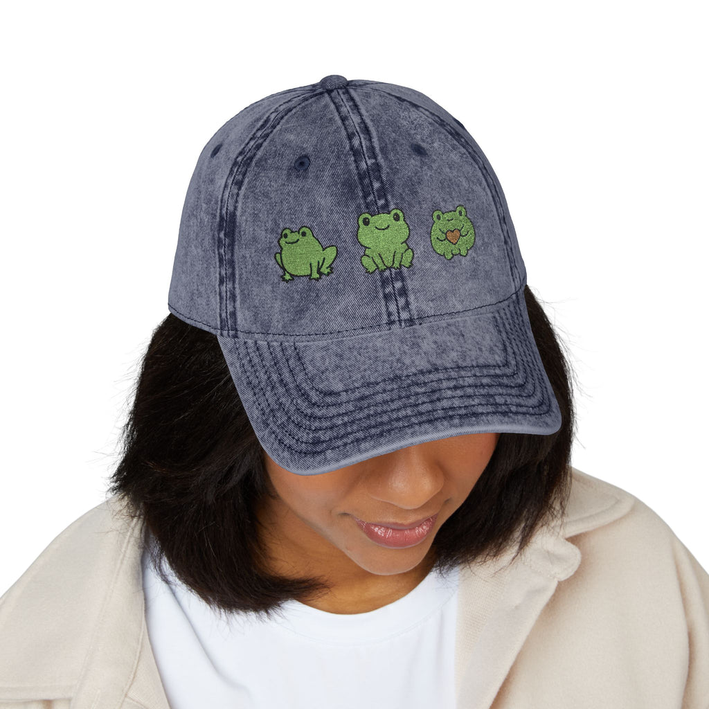 Vintage Embroidered Frog Cap — Distressed Green Frog Trio Baseball Hat