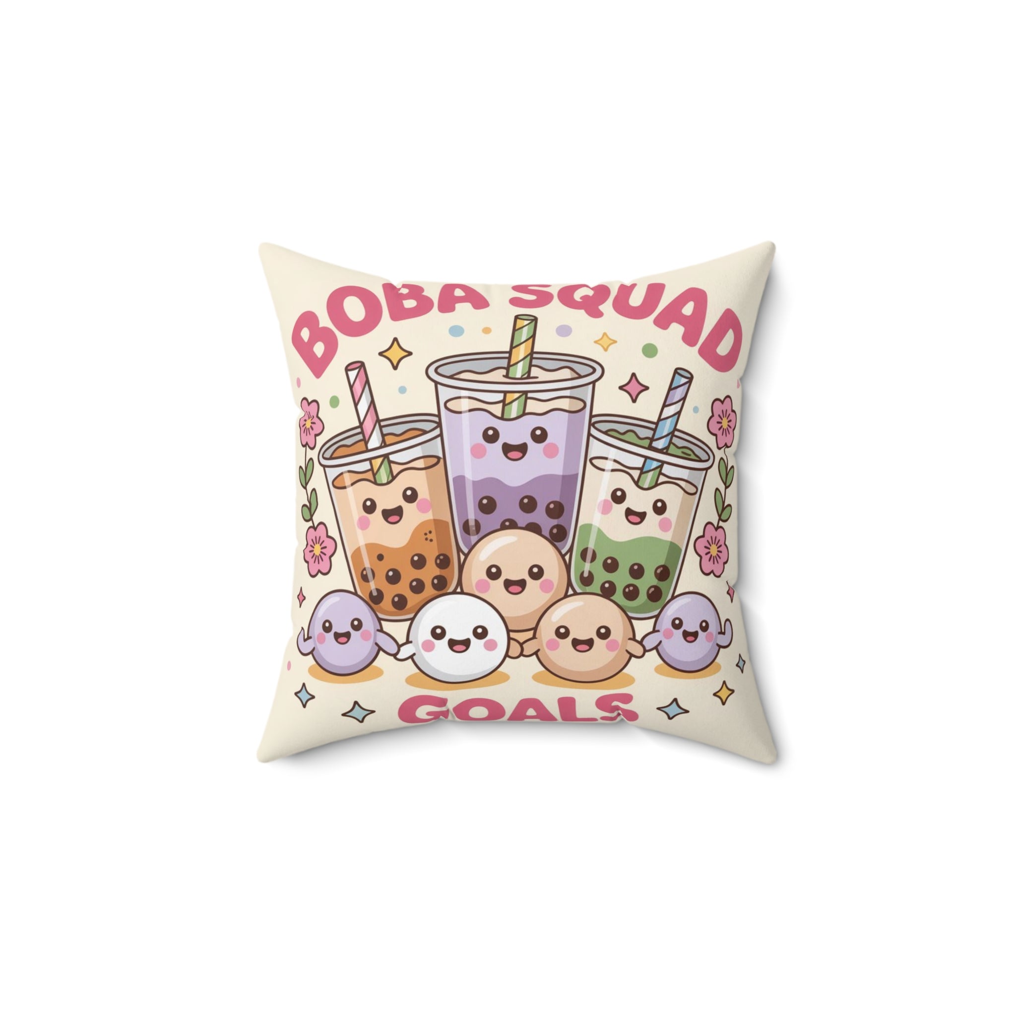Boba Squad Goals Throw Pillow — Cute Kawaii Bubble Tea Decorative Pillow