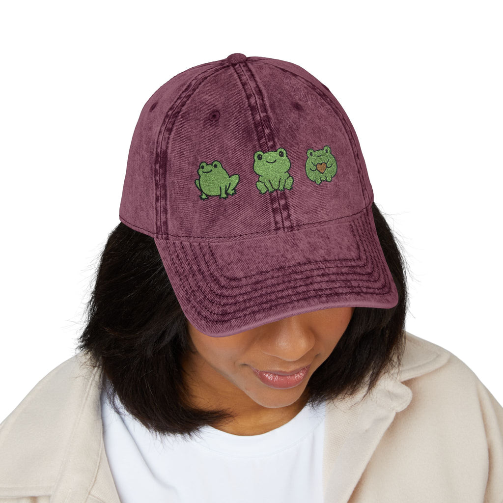 Vintage Embroidered Frog Cap — Distressed Green Frog Trio Baseball Hat