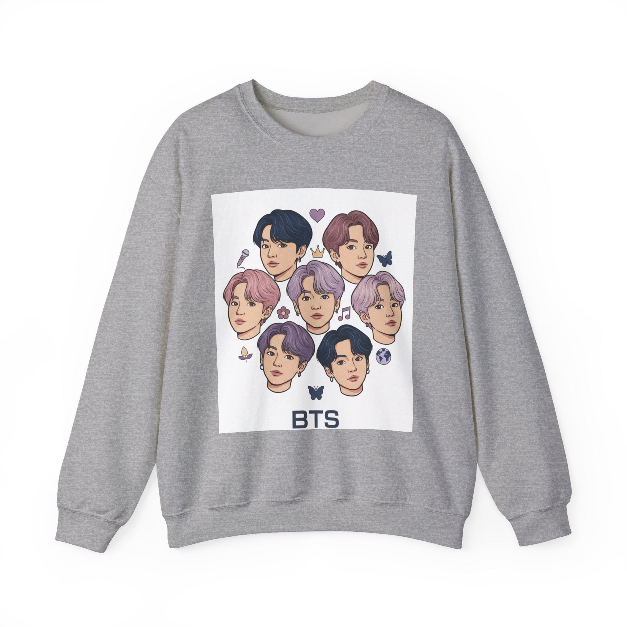BTS Inspired Crewneck Sweatshirt — Illustrated K-Pop Band Faces & Member Name Back Print